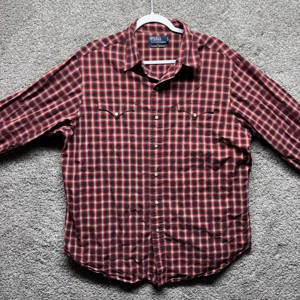 Vintage Polo Ralph Lauren Shirt Mens XL Red Plaid Classic Western Pearl Snap